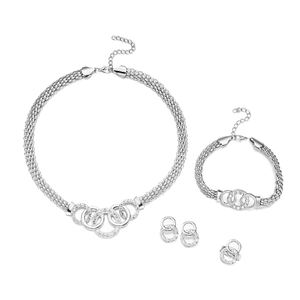 Silver jewelry set with sparkling rhinestones featuring interlocking rings and braided chains