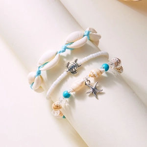 3-piece bohemian beach bracelet set with shell, starfish, turtle charms and blue beads