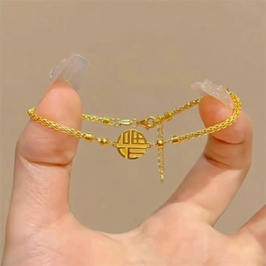 New Chinese Style Fu Character Bracelet For Women Gold Plated Copper Hollow Out Round Pendant Adjustable Chain Retro Jewelry
