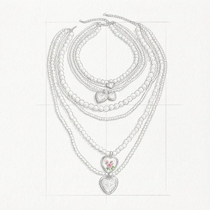 Collier de perles baroques multicouche avec pendentifs cœur et détail rose rose