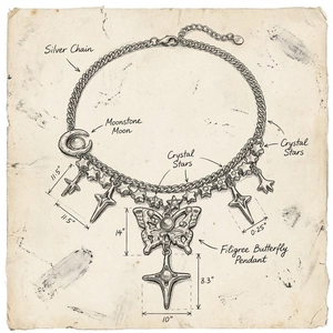 Croquis de conception détaillé d'un collier multicouche argenté avec pendentif papillon
