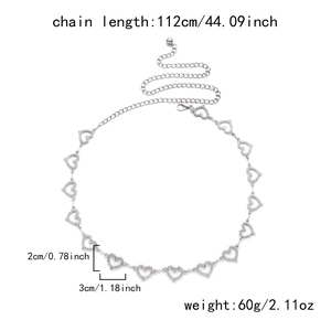 Silver metal waist chain featuring hollow heart-shaped links and adjustable lobster clasp