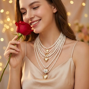Collier de perles baroque multicouche avec médaillons en cœur doré et breloque en émail floral