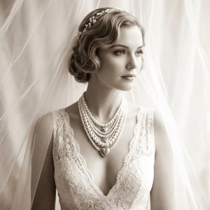 Gros plan d'un collier de perles baroque vintage avec pendentifs en métal en forme de cœur