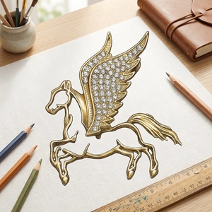 Close-up of luxury Pegasus brooch with sparkling wings on a designer's workspace