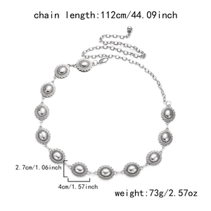 Detail of silver alloy waist chain with vintage embossed round charms and 112cm length measurements
