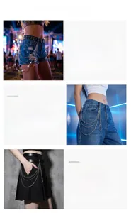 Three lifestyle views of a layered punk waist chain with silver star pendants