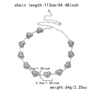 Detail view of heart-shaped silver belt chain with precise size and weight measurements