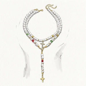 Croquis de design d'un collier de perles double épaisseur avec gemmes et croix pendante