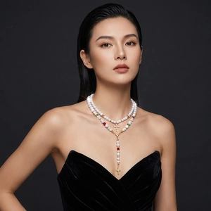 Vue détaillée d'un ensemble de colliers de perles à deux rangs avec pendentifs en croix