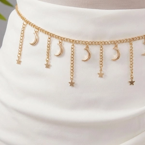 Double-layered gold body chain with celestial star and crescent moon tassel pendants
