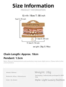 Size guide for multi-layered Bohemian beaded bracelet with shell charms and dimensions
