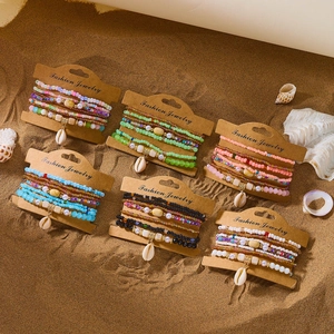 Bohemian Multi-Layer Beaded Bracelet Set For Women Beach Vacation Colorful Shell Pendant Resin Artificial Pearl Stretch Jewelry