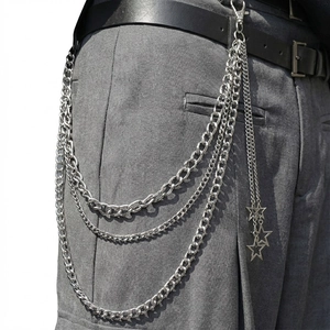 Three-layer silver star pendant waist chain with punk style fringes for trousers