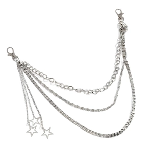 Silver multilayer punk waist chain with five-point star pendants and lobster clasps