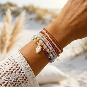 Bohemian multilayer beaded bracelet set with shell pendant and colorful beads for women