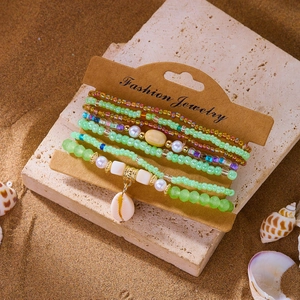 Bohemian colorful beaded bracelet set with shell pendant for summer beach vacation style