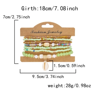Beaded bracelet set with shell pendant shown with 18cm circumference and dimensions
