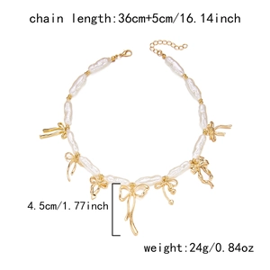 Détails du collier de perles baroques avec nœuds dorés et mesures de dimensions