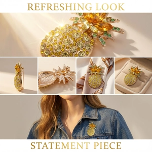 Detailed views of luxury pineapple brooch with yellow crystals and gold alloy base