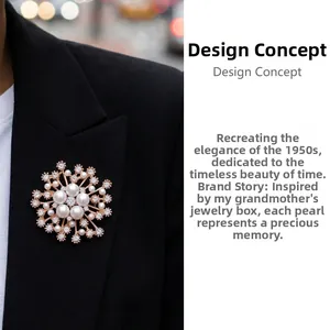 Détail macro d'une broche perle flocon rose dorée épinglée sur un revers noir
