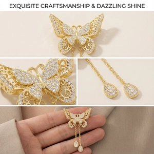 Detailed views of gold butterfly brooch with zircon wings and chain tassel drop