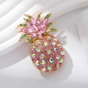 Luxury pineapple brooch with pink crystals and green rhinestones in golden setting