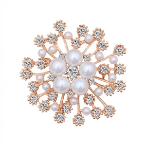 Broche flocon de neige élégante en or rose avec perles et cristaux pour costumes