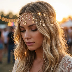 Catena per Capelli Boho Multistrato con Nappine di Strass Gioielli in Lega Vintage per Fronte da Donna Accessorio Festa Matrimonio