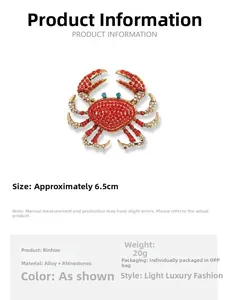 Detailed size specifications of a luxury red rhinestone crab brooch showing 6.5cm length