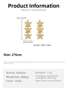 Detailed size chart for gold starfish drop earrings showing dimensions 2x6 cm and 10g weight