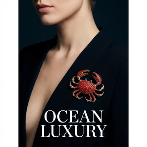 Close-up of luxury crab brooch with red rhinestones pinned on a black suit jacket lapel