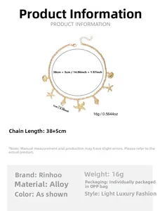 Detailed dimension guide for golden starfish and shell pendant necklace with size charts