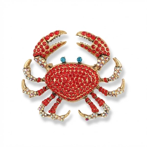 Elegant gold-plated crab brooch featuring vibrant red and AB color crystal rhinestones
