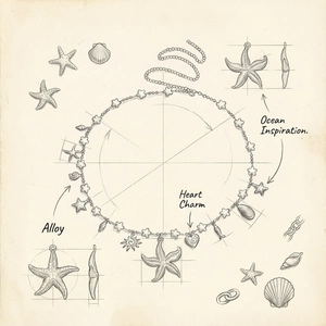 Detailed sketch of ocean-themed necklace with starfish, shell, and heart alloy charms