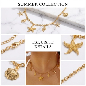 Detailed views of gold starfish and seashell pendants with summer collection motifs