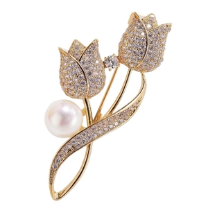 Broche tulipe dorée élégante avec strass brillants et perle pour manteaux d'hiver
