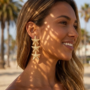 Detail view of champagne gold starfish drop earrings worn on the beach with sun shadows