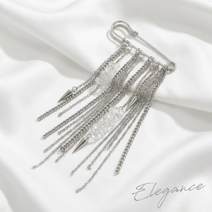 Silver chain tassel brooch pin with clear crystal stones and metal cone pendants