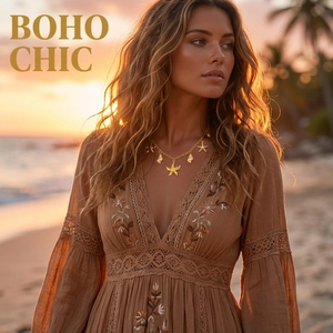 Detail of gold starfish shell necklace with V-neck boho dress and lace embroidery
