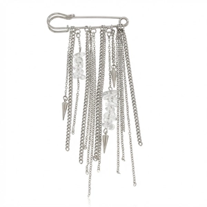 Silver fringe brooch with safety pin design, cascading chains and crystal stone charms