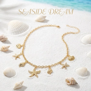 Macro detail of golden starfish and seashell pendants on necklace at beach
