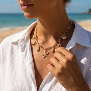 Detailed view of a gold starfish and seashell charm necklace worn at a sunny beach