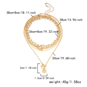 Detailed dimensions of multi-layer gold chain necklace with OT toggle and coin pendant