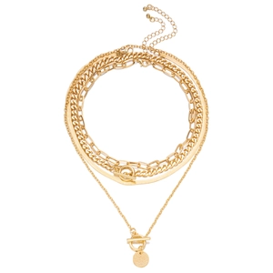 Layered gold-tone snake and curb chain necklace with OT clasp and coin pendant