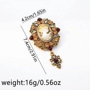 Detail view showing vintage relief cameo brooch dimensions 4.2x7.4cm with crystal accents