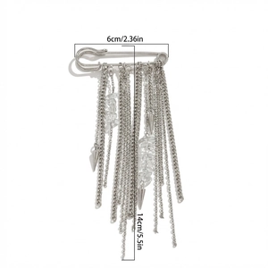 Detail view of silver safety pin brooch with chain tassels showing 14cm length scale