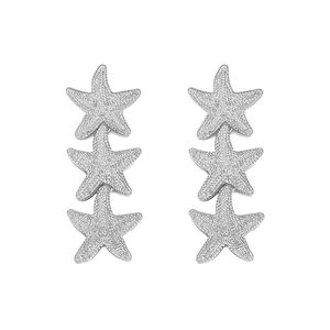 Macro detail of silver starfish drop earrings with shimmering sandblasted metal texture