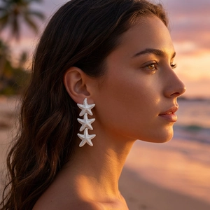 Detailed close-up of triple cascaded starfish drop earrings worn at a sunset beach