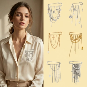 Vintage Alloy Tassel Safety Pin Brooch With Rhinestone Artificial Pearl Metal Chain Long Fringe Punk Jewelry For Women Men